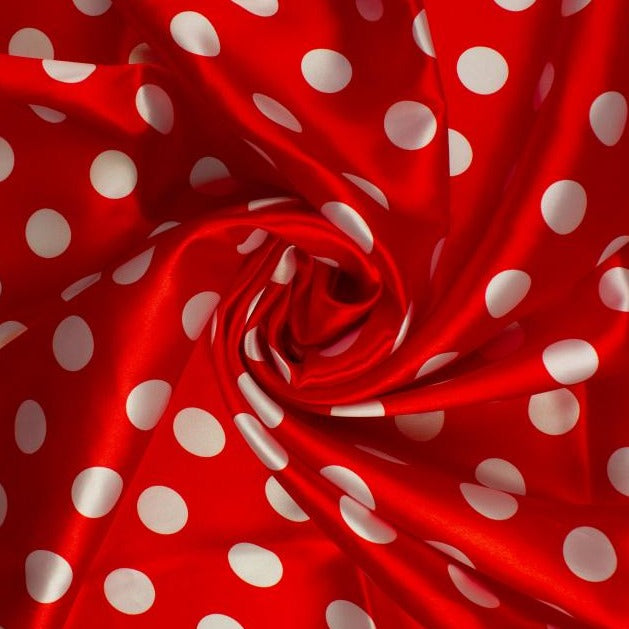 Tissu Satin - Pois Blancs en Fond Rouge