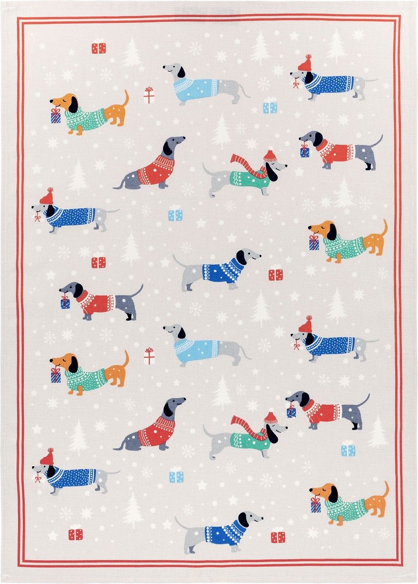 Linge de Cuisine Mi-Fil Noël- Chiens et cadeaux