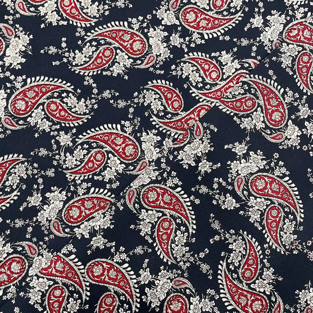 Tissu Coton - Paisley Bleu et Rouge
