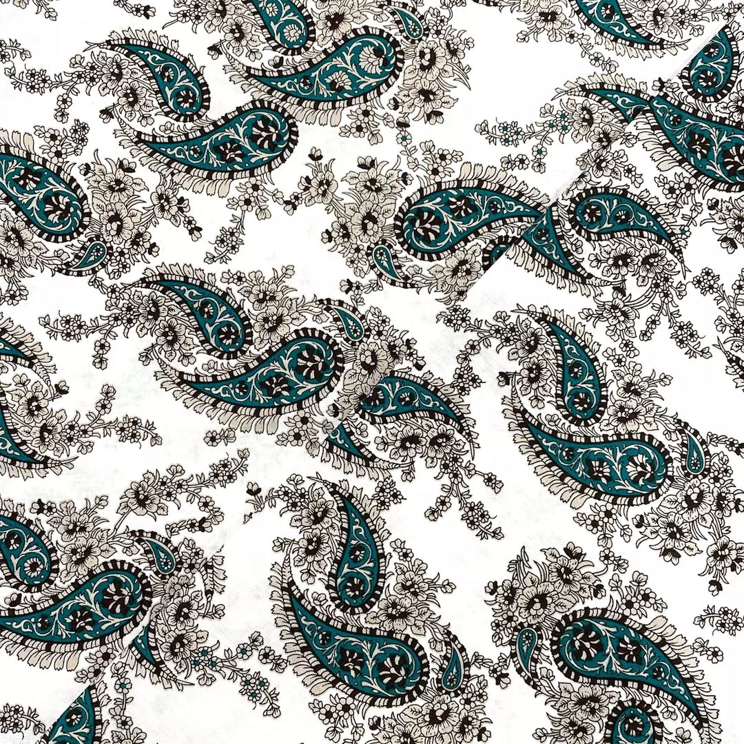 Tissu Coton - Paisley Blanc et Vert