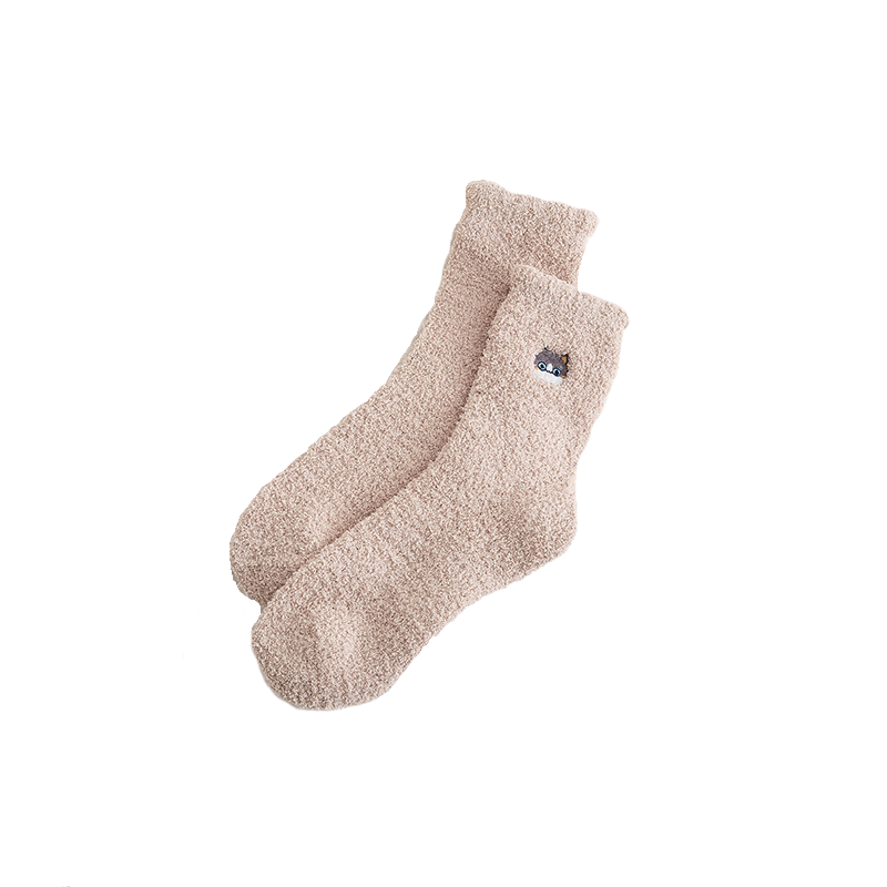 Chaussettes douces - Chat Brodé Beige