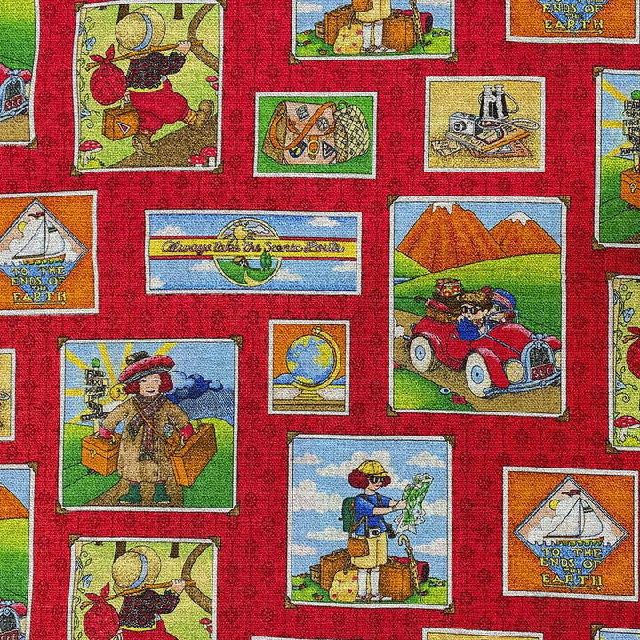 Tissu Coton - Cartes postales de vacances en Fond Rouge