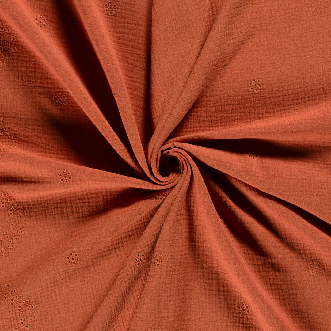 Tissu double gaze de coton brodé - Terracotta