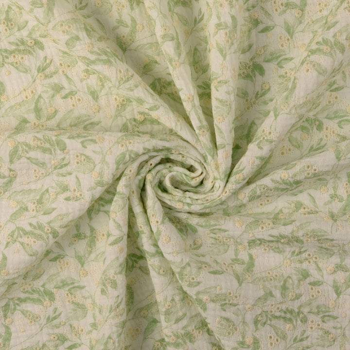 Tissu Double-Gaze Brodé- Fleurs Vertes