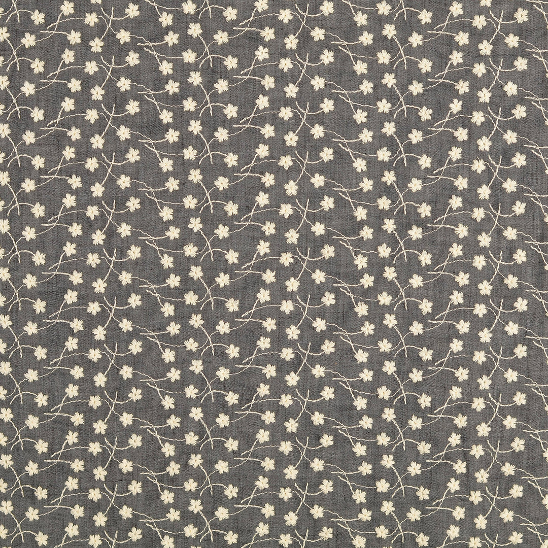 Tissu Coton Brodé- Fleurs en Fond Gris