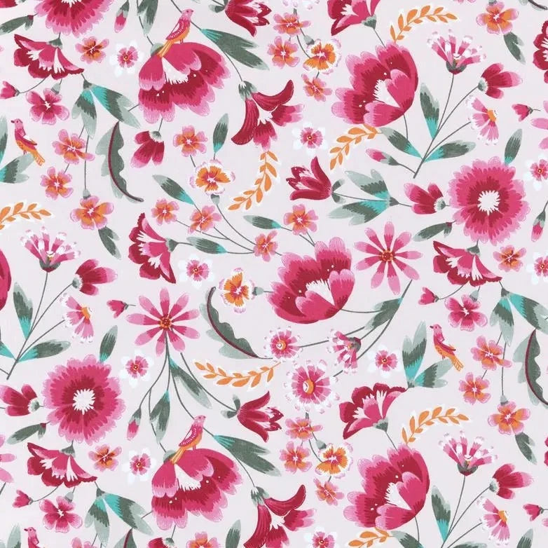 Tissu Coton Sergé- Fleurs et Oiseaux Pink