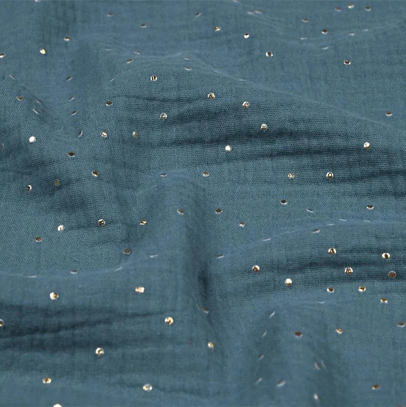 Tissu double gaze de coton Pluie dorée- Bleu pétrole