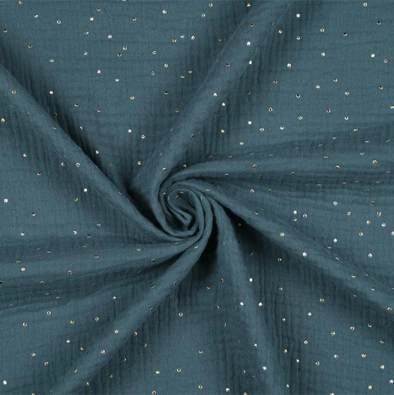 Tissu double gaze de coton Pluie dorée- Bleu pétrole