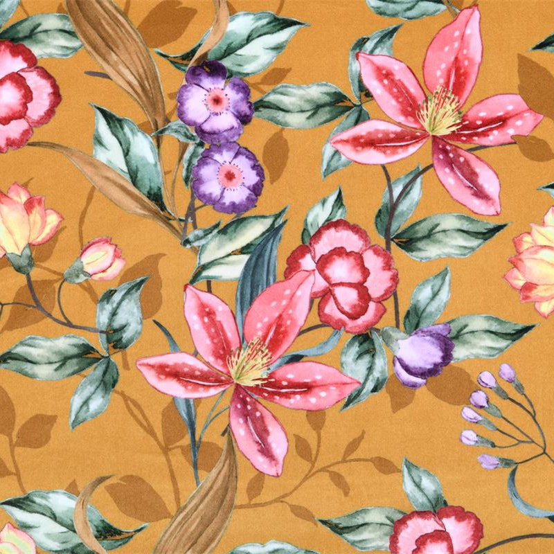 Tissu Velours- Fleurs sur fond jaune moutarde - Biner Pinaton