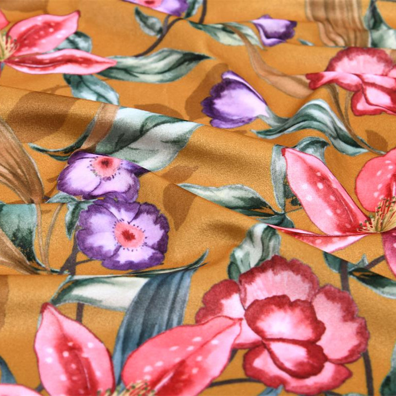 Tissu Velours- Fleurs sur fond jaune moutarde - Biner Pinaton