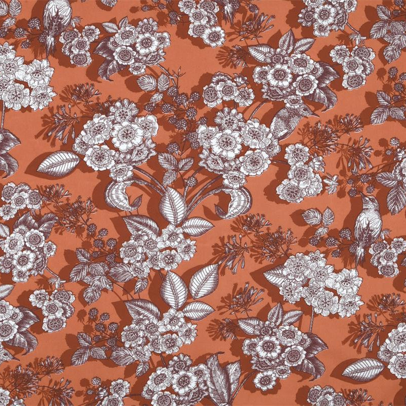 Toile Enduite - Fleurs et oiseaux en fond terracotta - Biner Pinaton