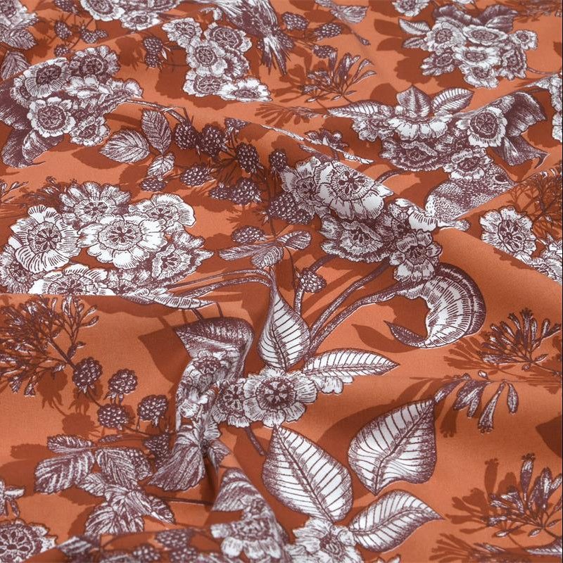 Toile Enduite - Fleurs et oiseaux en fond terracotta - Biner Pinaton