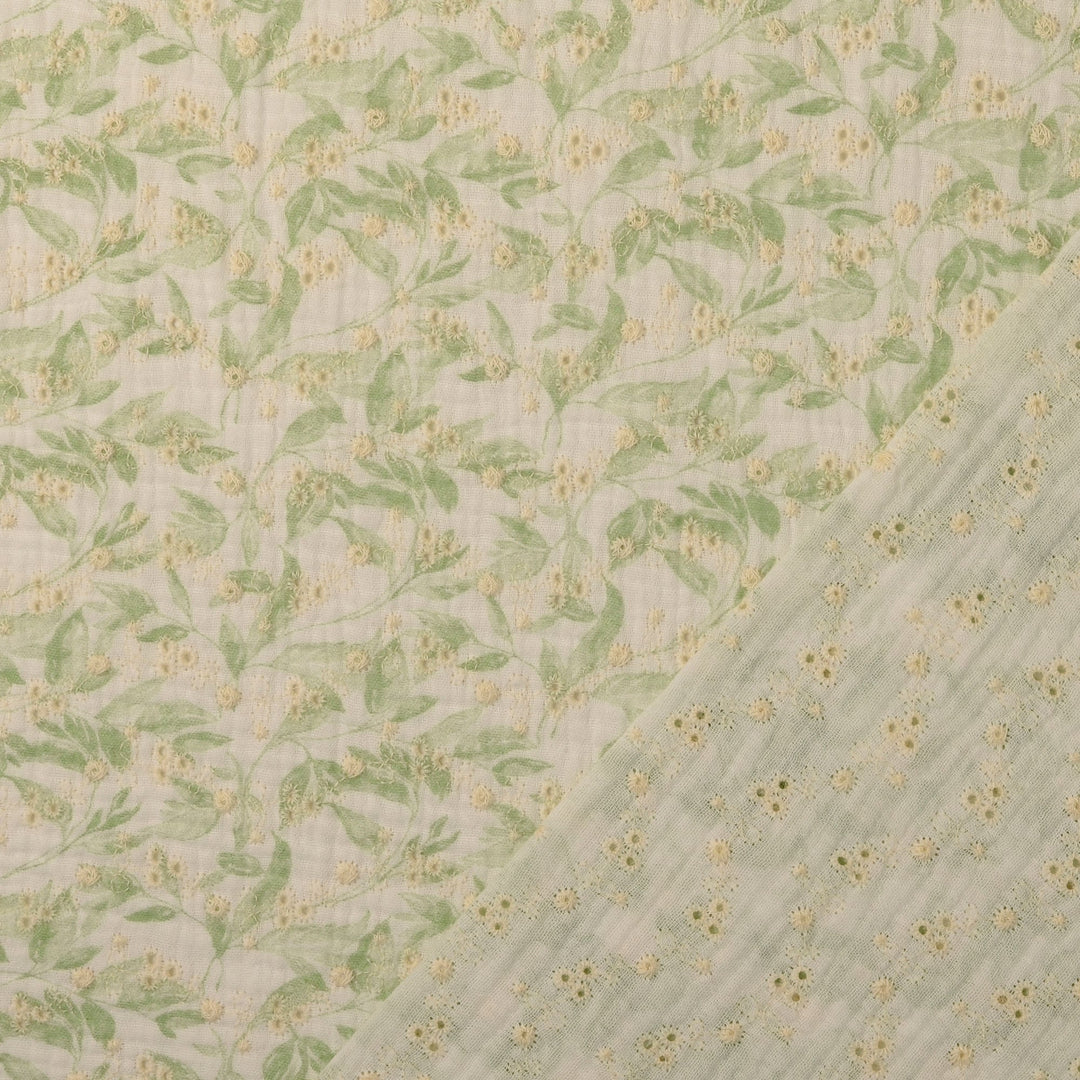 Tissu Double-Gaze Brodé- Fleurs Vertes