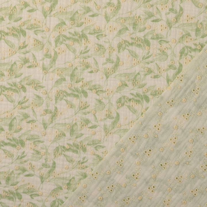 Tissu Double-Gaze Brodé- Fleurs Vertes