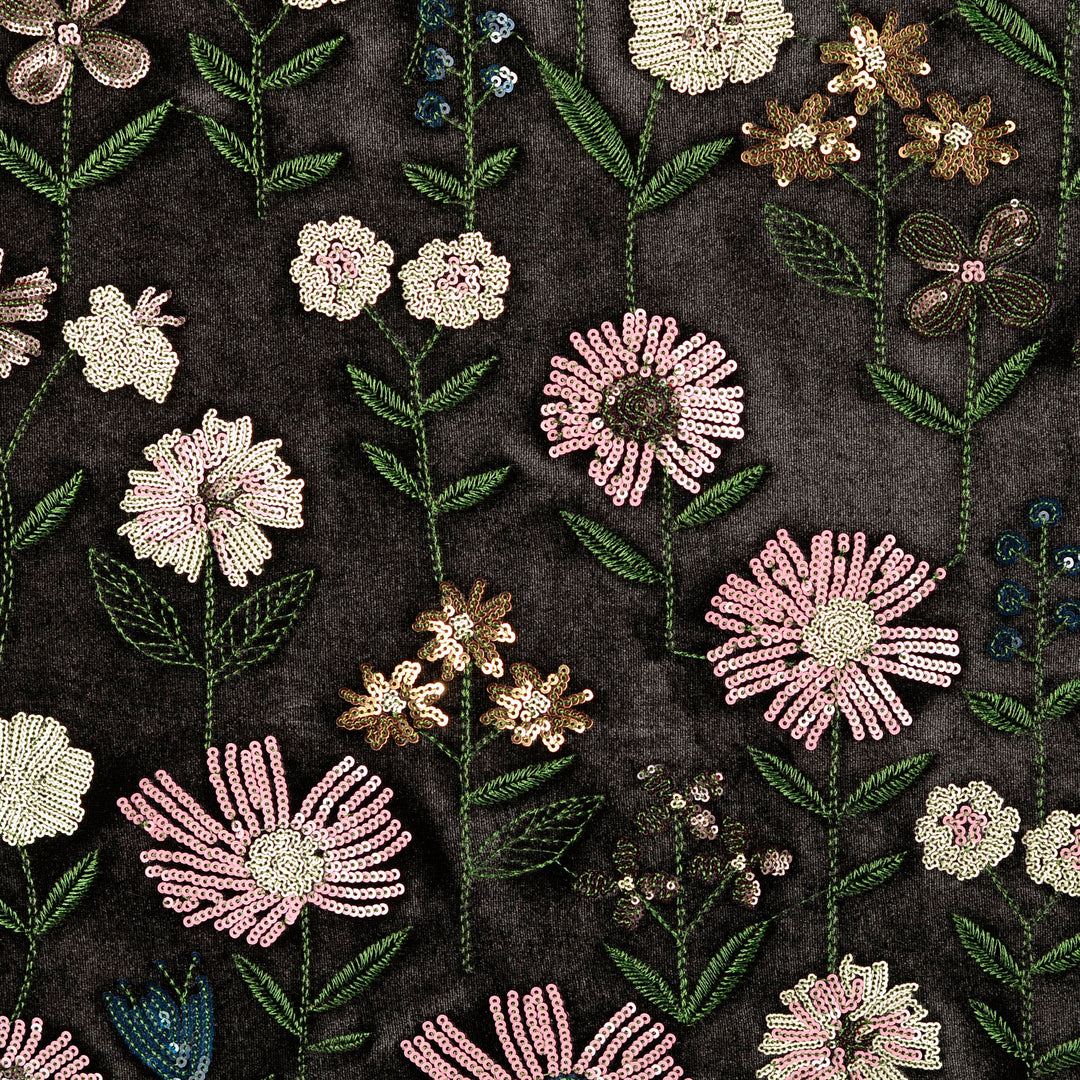 Tissu Velours Noir- Fleurs en paillettes