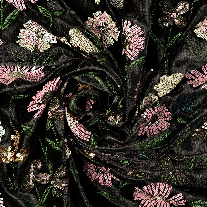 Tissu Velours Noir- Fleurs en paillettes