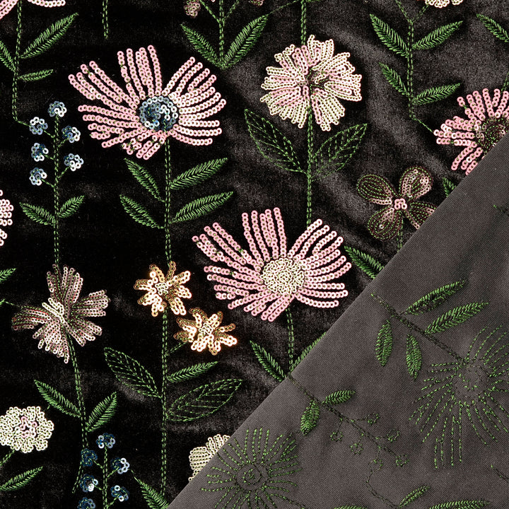Tissu Velours Noir- Fleurs en paillettes