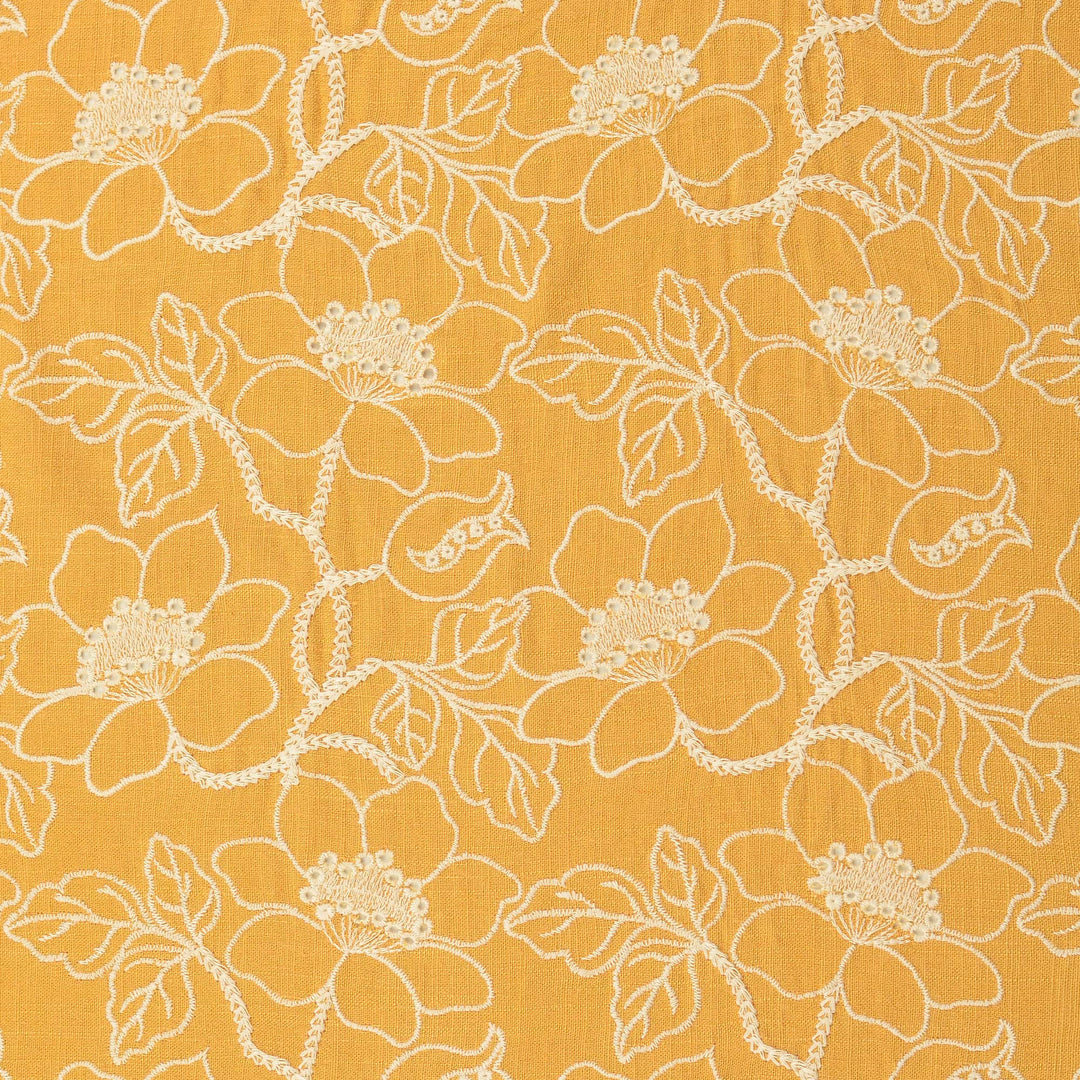 Tissu brodé- Fleurs sur fond jaune moutarde - Biner Pinaton