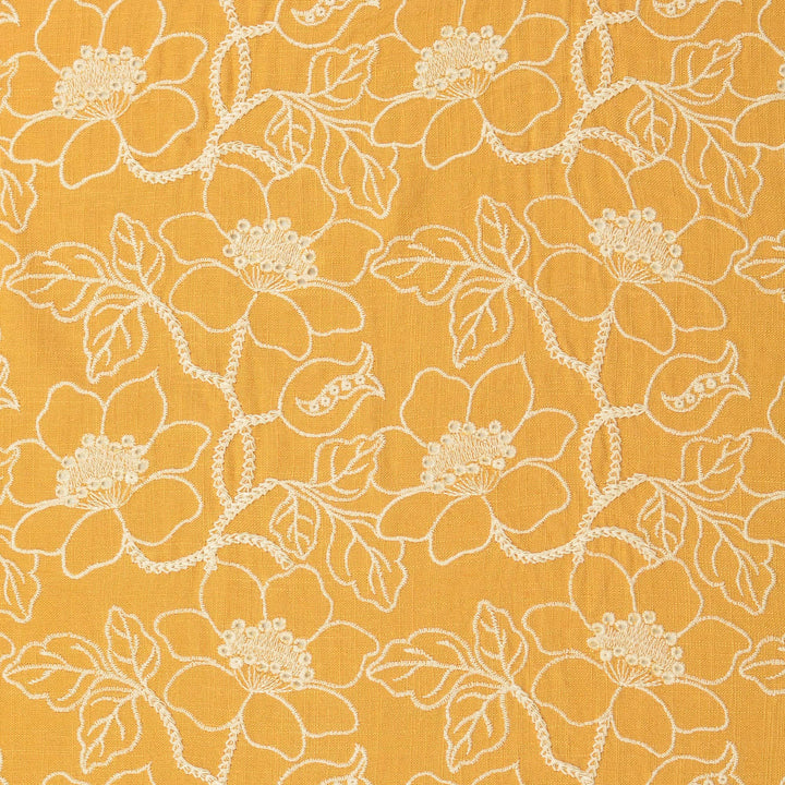 Tissu brodé- Fleurs sur fond jaune moutarde - Biner Pinaton