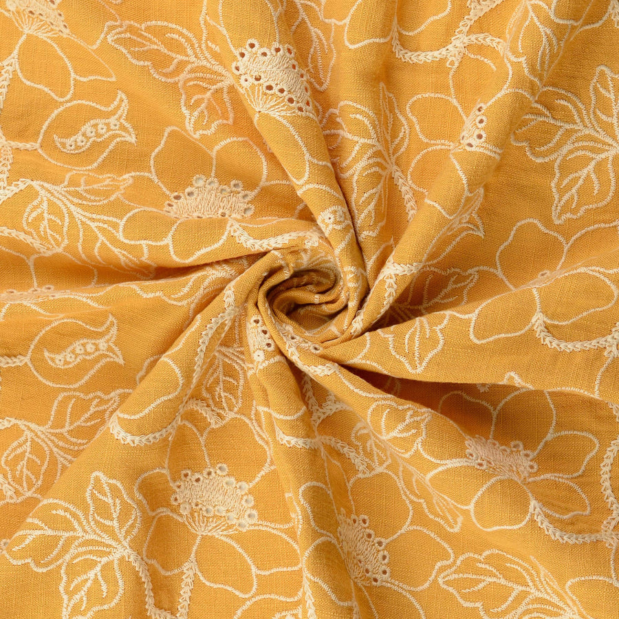 Tissu brodé- Fleurs sur fond jaune moutarde - Biner Pinaton