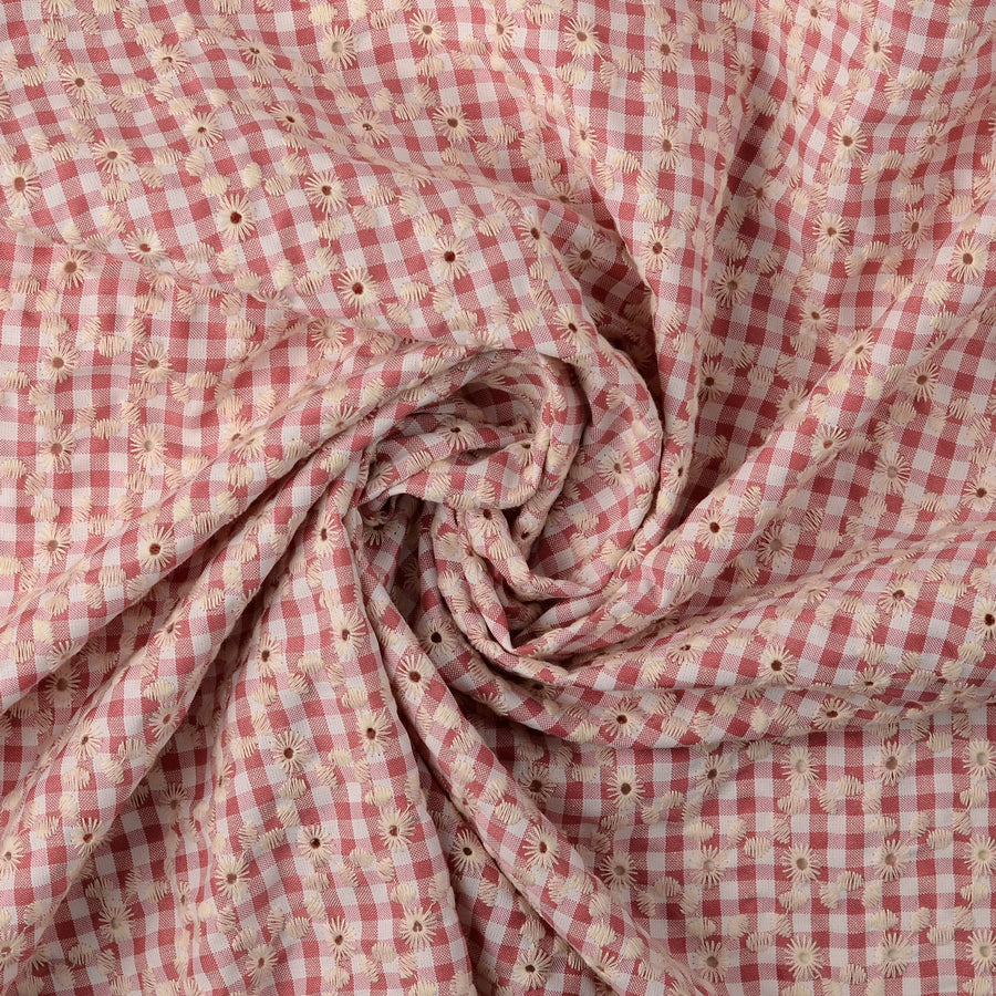 Tissu Double-Gaze Brodé- Vichy Rose - Biner Pinaton