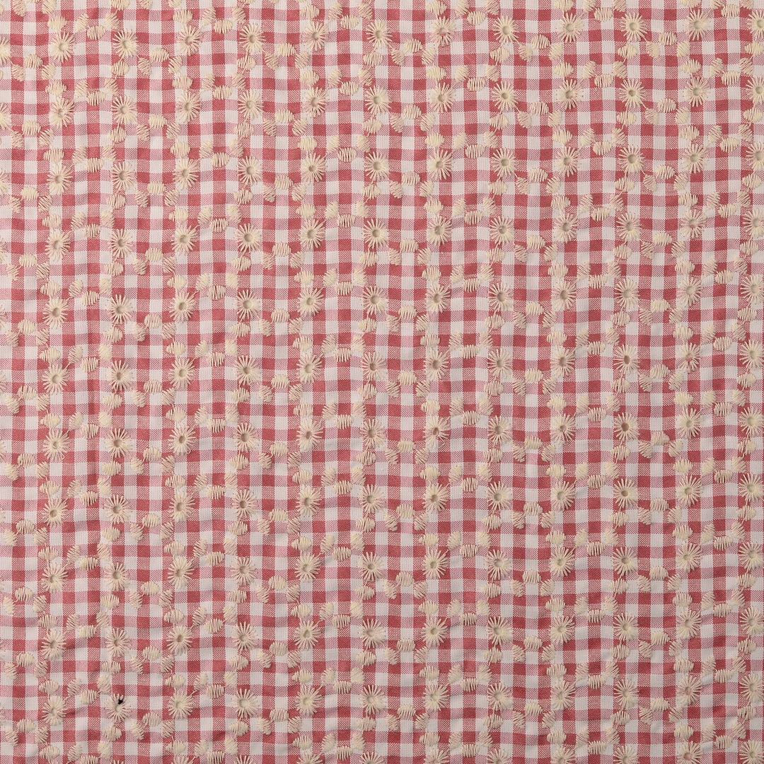 Tissu Double-Gaze Brodé- Vichy Rose - Biner Pinaton
