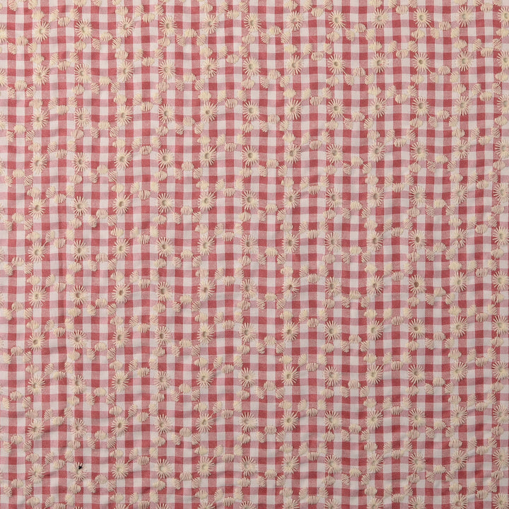 Tissu Double-Gaze Brodé- Vichy Rose - Biner Pinaton