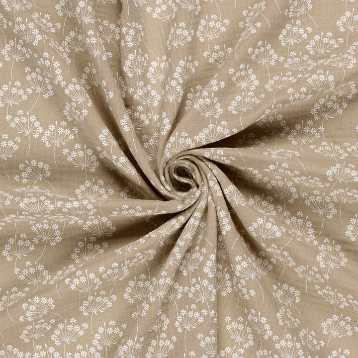 Tissu double gaze de coton - Motif Fleurs Beige