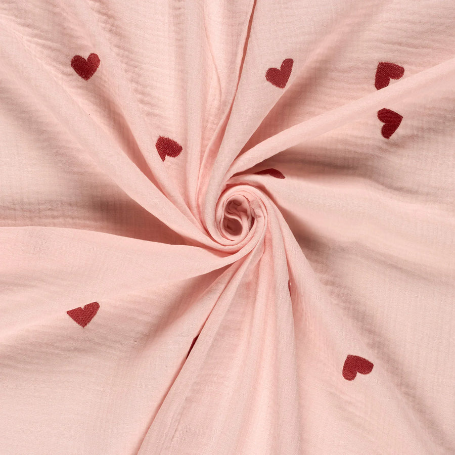 Tissu Double-Gaze Brodé- Coeurs - Biner Pinaton