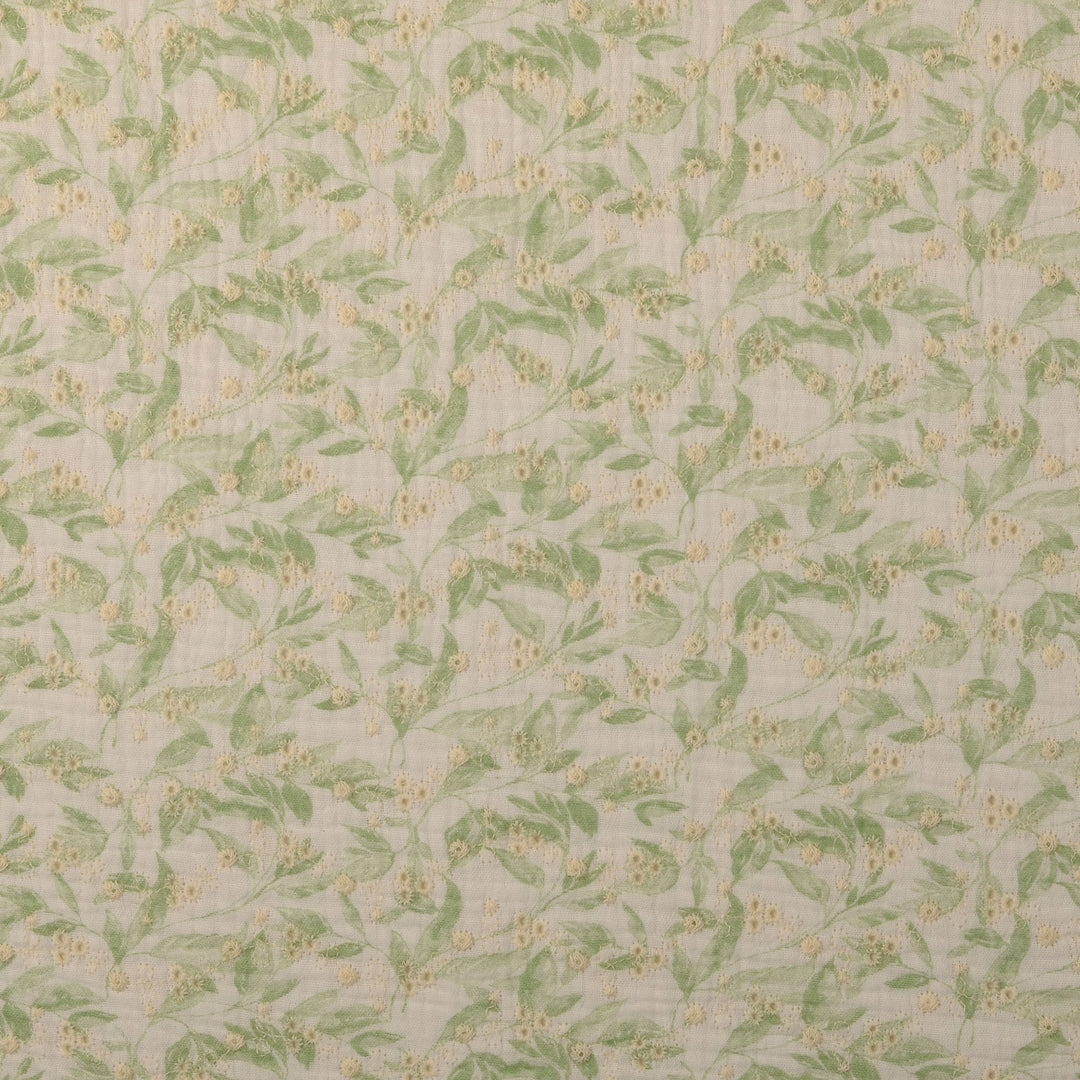 Tissu Double-Gaze Brodé- Fleurs Vertes