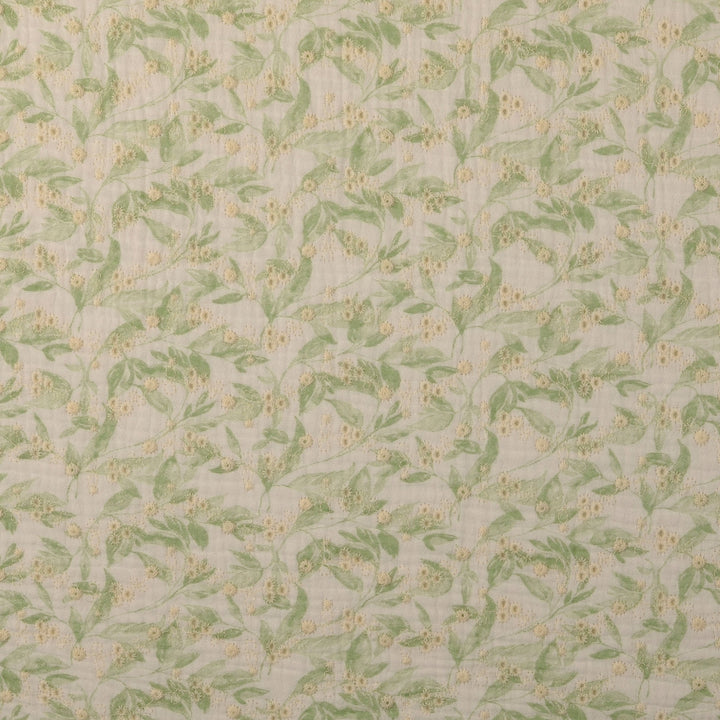 Tissu Double-Gaze Brodé- Fleurs Vertes
