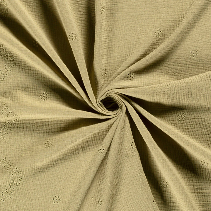 Tissu double gaze de coton brodé - Vert Olive