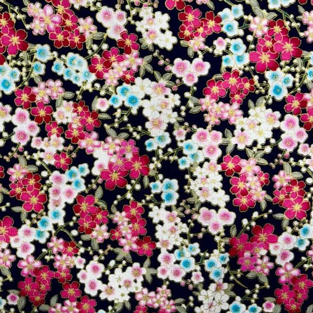 Tissu Coton Japonais - Fleurs de cerisier en fond noir - Biner Pinaton