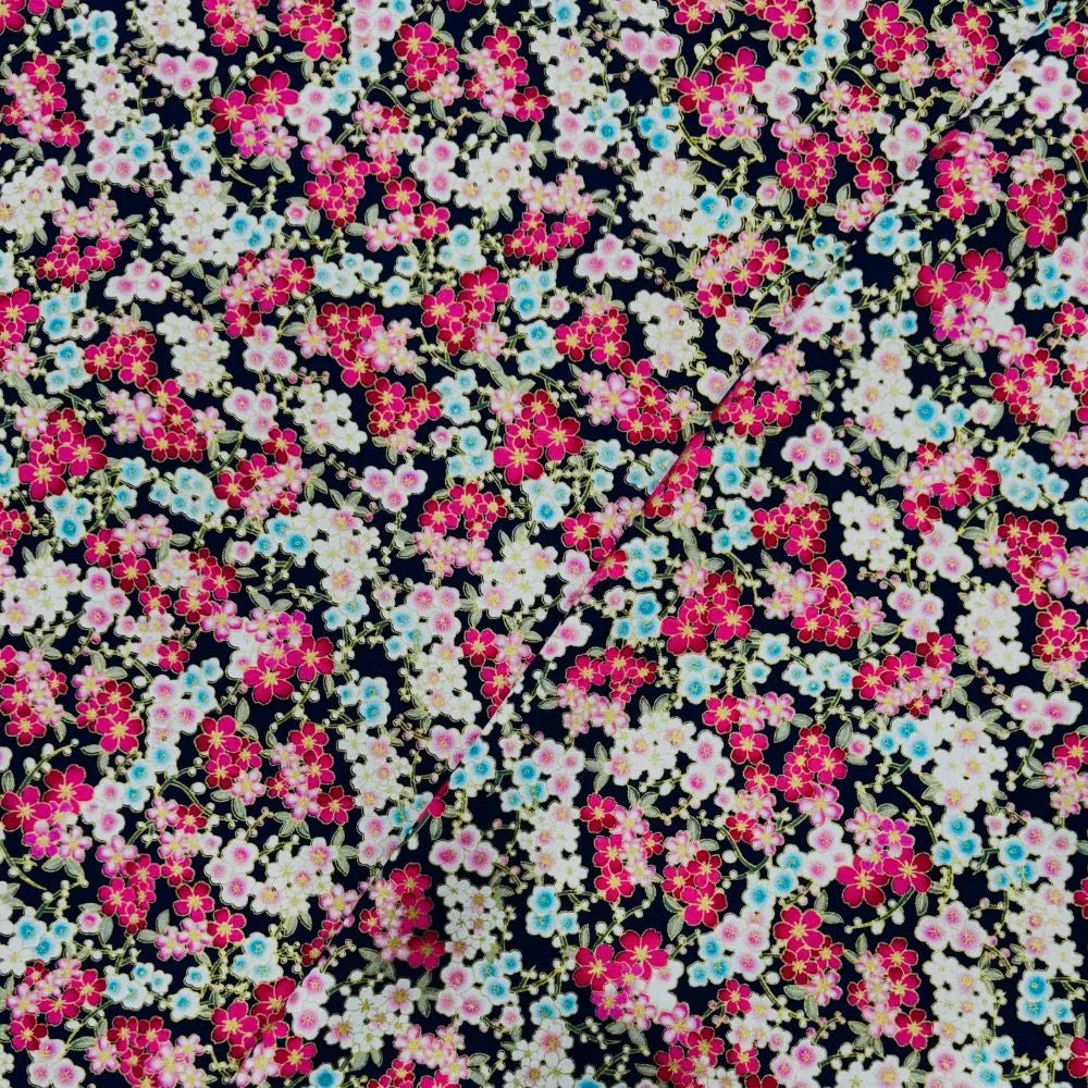 Tissu Coton Japonais - Fleurs de cerisier en fond noir - Biner Pinaton