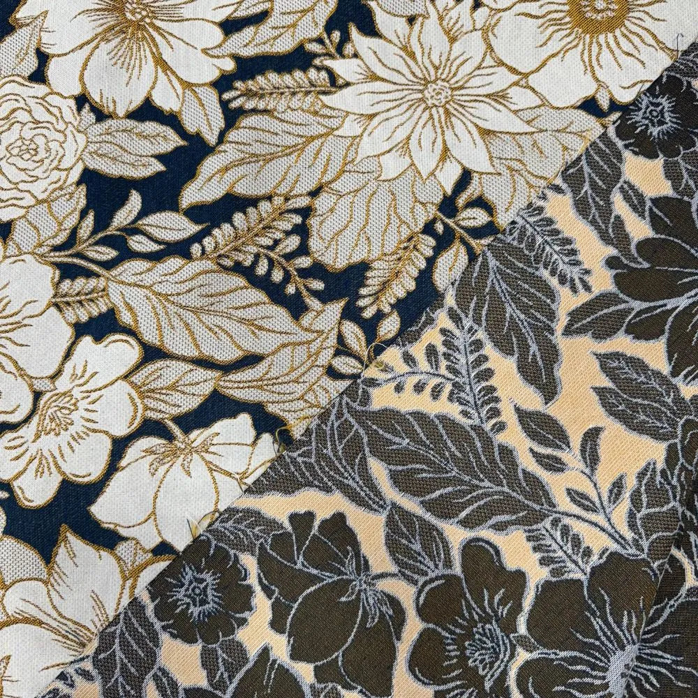 Tissu Jacquard- Fleurs Bleues