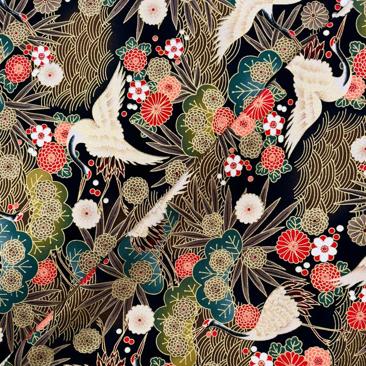 Tissu Coton Japonais - Grues et fleurs - Biner Pinaton