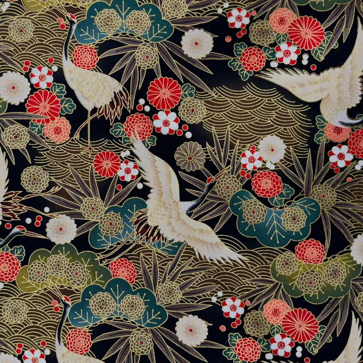 Tissu Coton Japonais - Grues et fleurs - Biner Pinaton