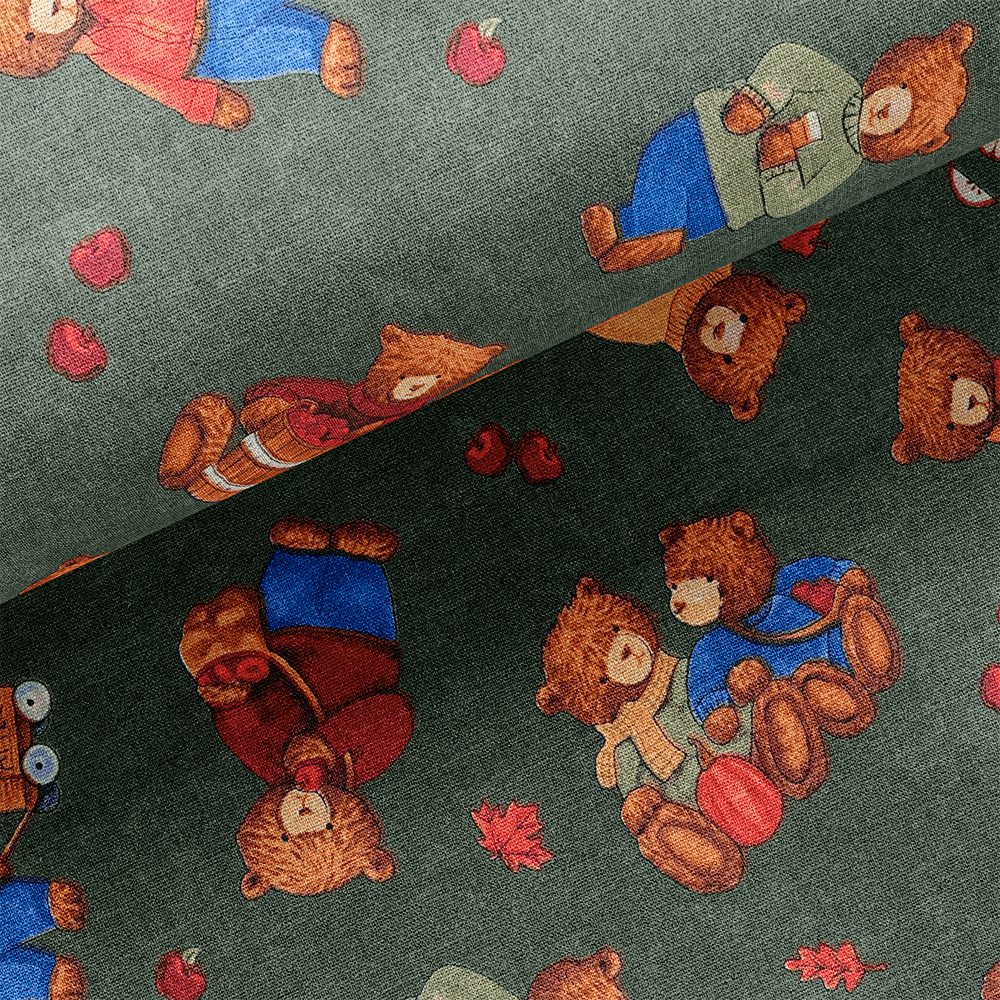 Tissu Coton - Ours peluche et pommes
