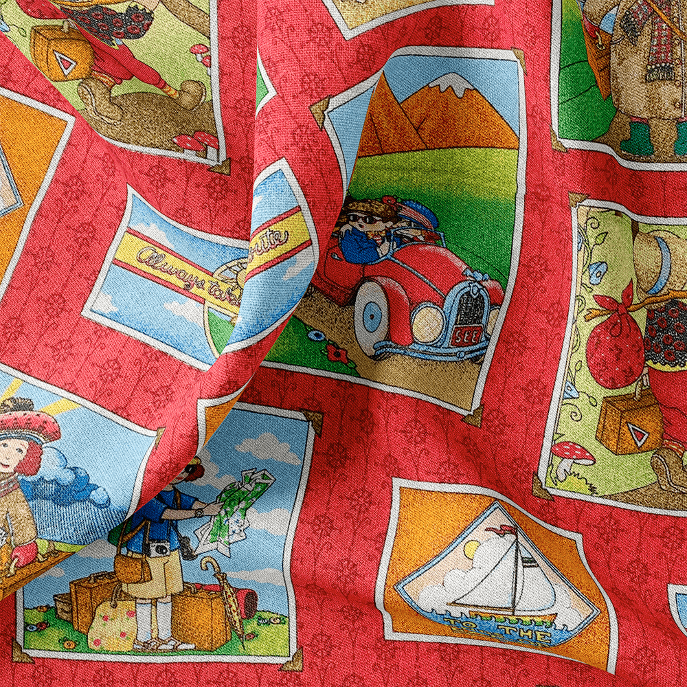 Tissu Coton - Cartes postales de vacances en Fond Rouge