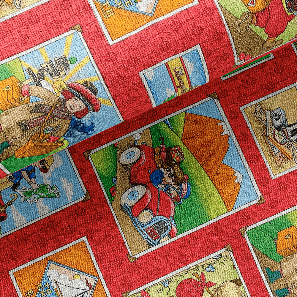 Tissu Coton - Cartes postales de vacances en Fond Rouge
