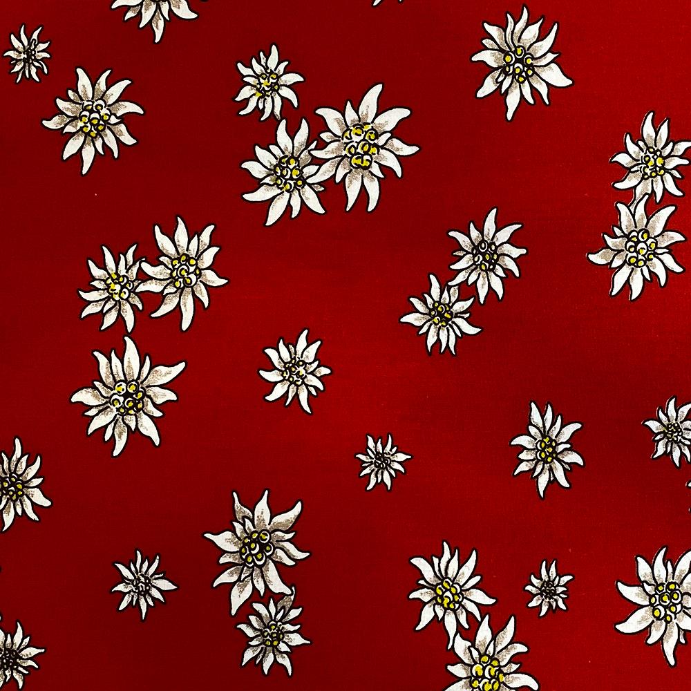 Tissu Coton - Fleur Edelweiss Fond Rouge