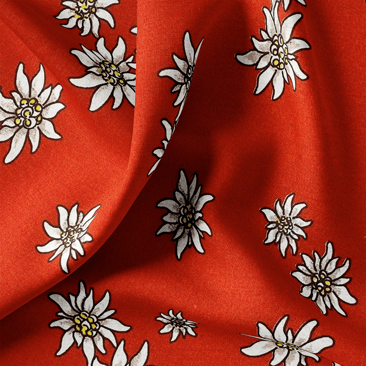 Tissu Coton - Fleur Edelweiss Fond Rouge
