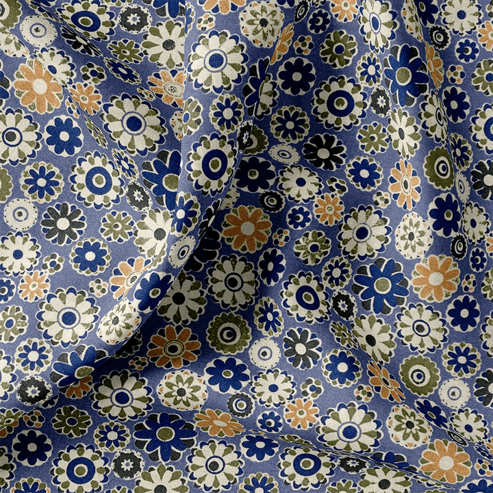 Tissu Coton - Mosaïque Fleurs Bleu
