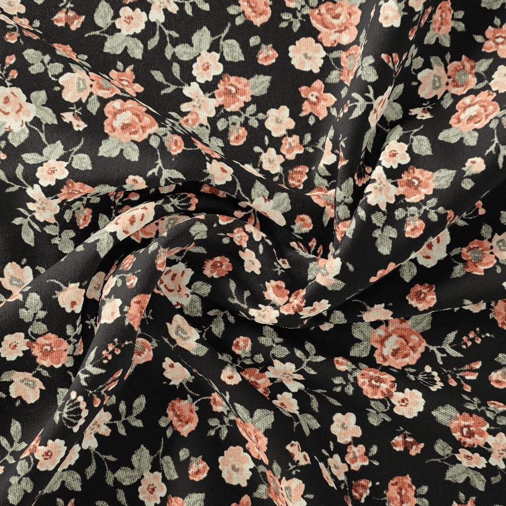 Tissu Coton - Petites Roses Fond Noir