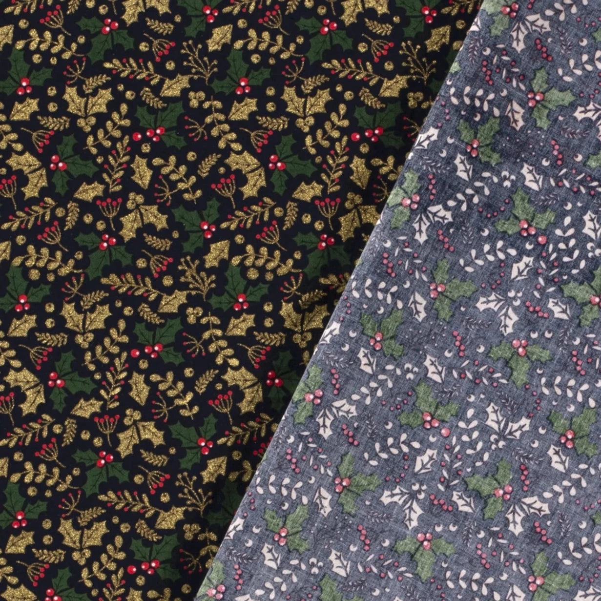 Tissu Coton Popeline- Branche de houx bleu marine Noël